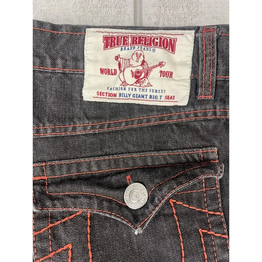 True Religion Billy Giant Big T Red Stitch Jeans Mens 42 Black Y2K Streetwear